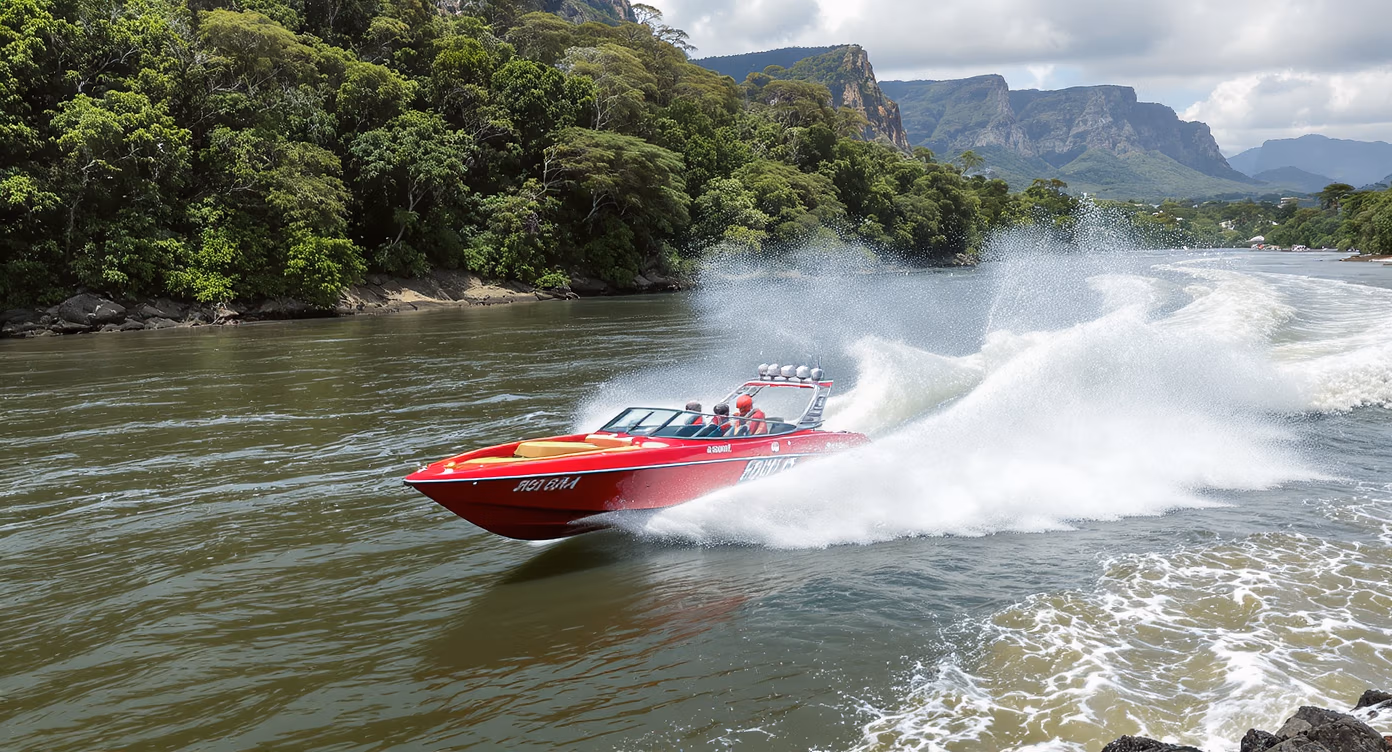 Sigatoka River Safari jet boat speeding along a tropical river in Fiji, with lush green hills, splashing water, and cultural village visits along the route.