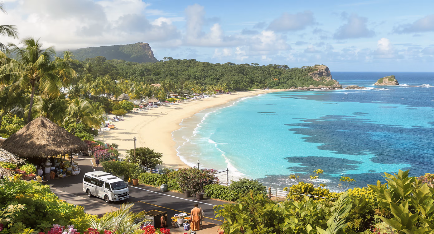 Panoramic view of Natadola Beach on Fiji’s Coral Coast with turquoise waves, palm-fringed white sand, and clear skies — featured in the Discover Coral Coast Tour.