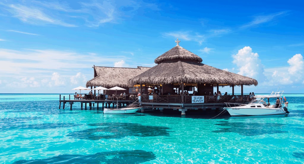 Floating platform bar and restaurant Seventh Heaven anchored in Fiji’s blue waters with guests relaxing and swimming nearby