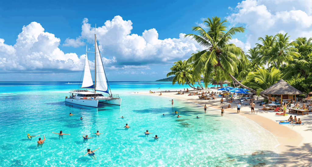 A tropical day cruise to Tivua Island, Fiji – showing a sailing catamaran arriving at a private island surrounded by turquoise waters, with people snorkeling, kayaking, enjoying lunch under palm trees, and participating in traditional Fijian cultural activities.
